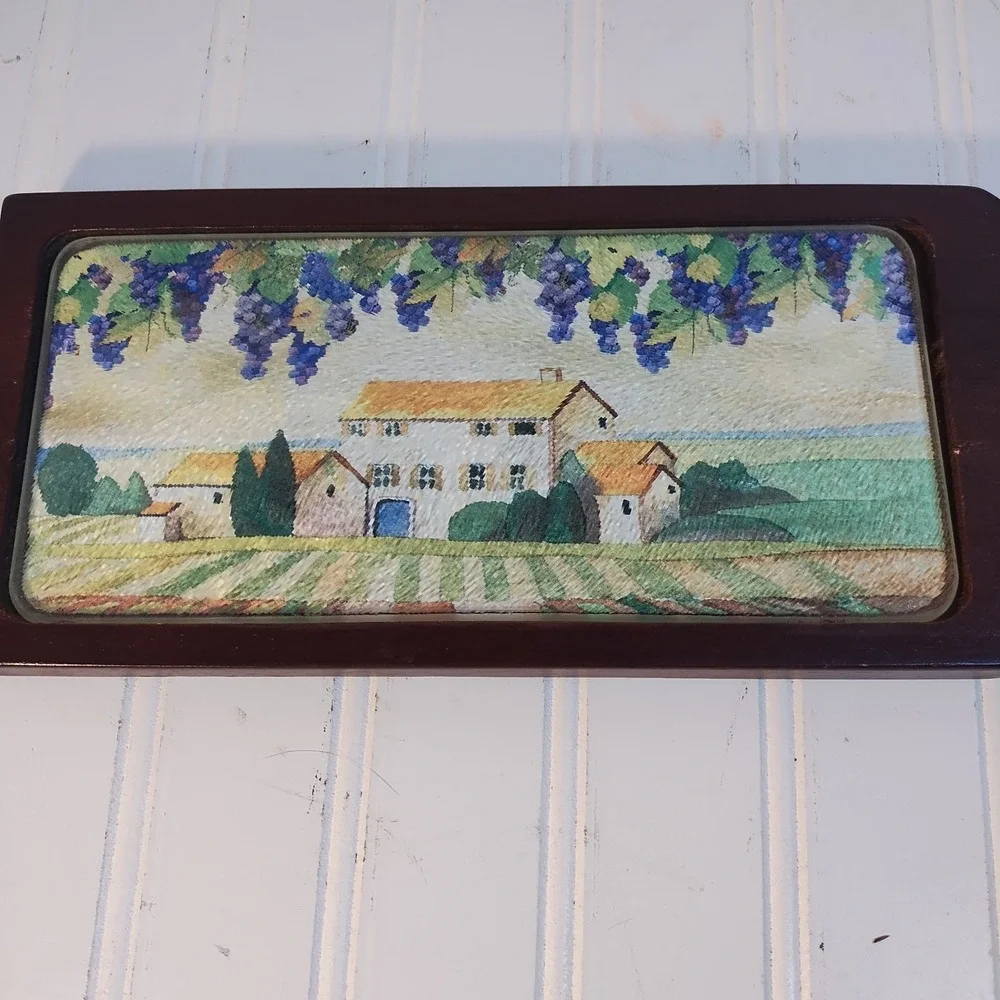 Serving Board Country Side Villa Grapes Wood Tempered Glass Cutting Wall Hanging